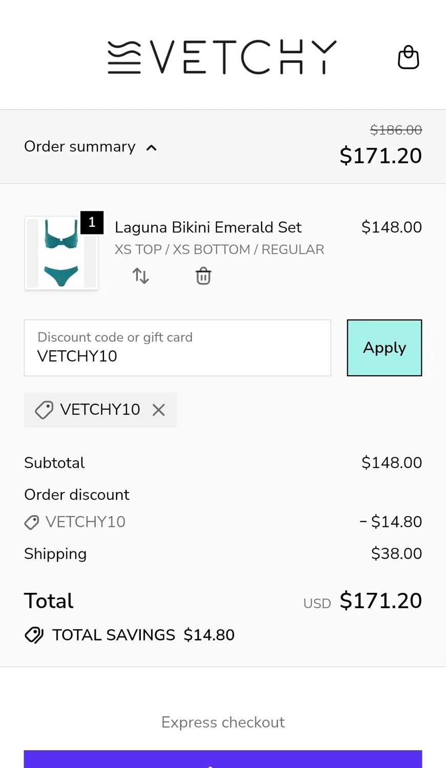 VETCHY SWIMWEAR discount code screenshot showing code VETCHY10 applied at VETCHY SWIMWEAR checkout page. Uploaded by SimplyCodes community member JuanMonge on Dec 21, 2025