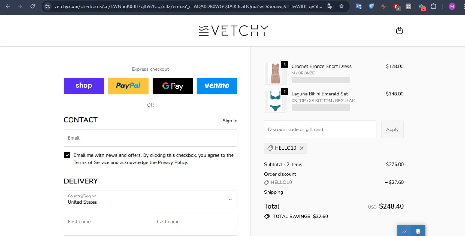 VETCHY SWIMWEAR discount code screenshot showing code HELLO10 applied at VETCHY SWIMWEAR checkout page. Uploaded by SimplyCodes community member SmartFalcon9323 on Dec 21, 2025