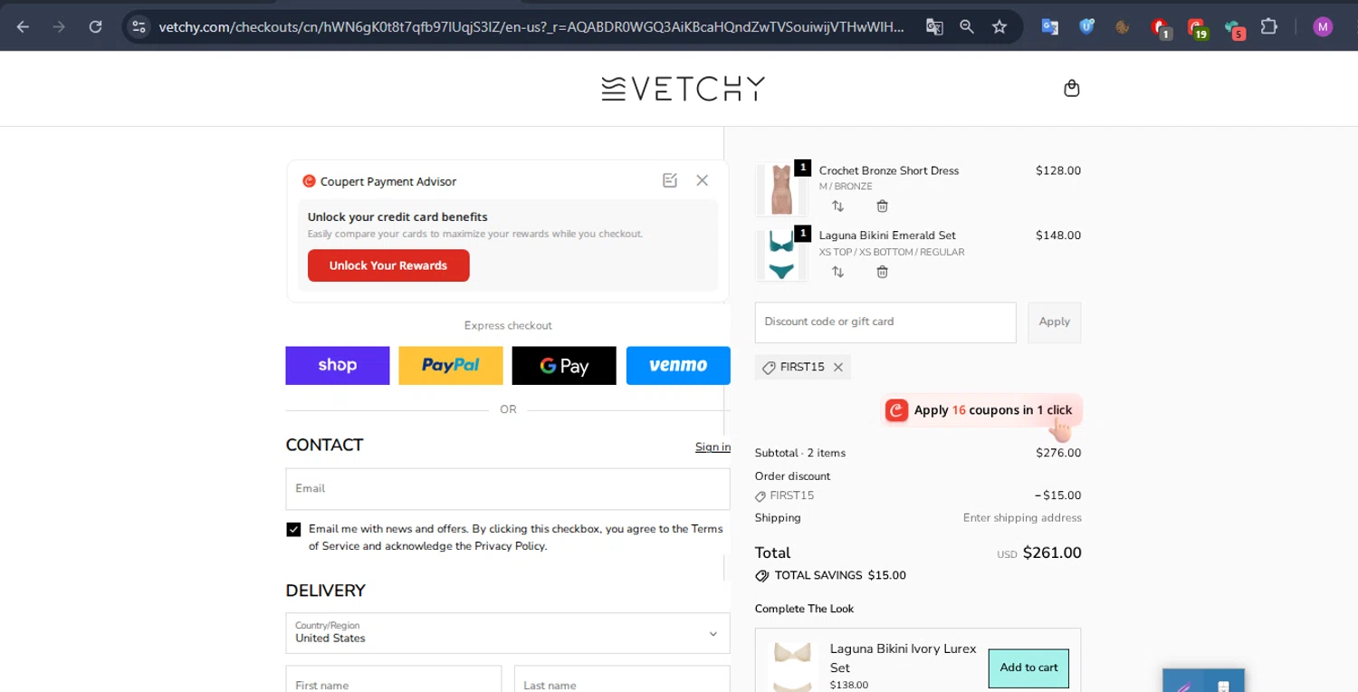VETCHY SWIMWEAR discount code screenshot showing code FIRST15 applied at VETCHY SWIMWEAR checkout page. Uploaded by SimplyCodes community member WonderHawk4272 on Dec 21, 2025