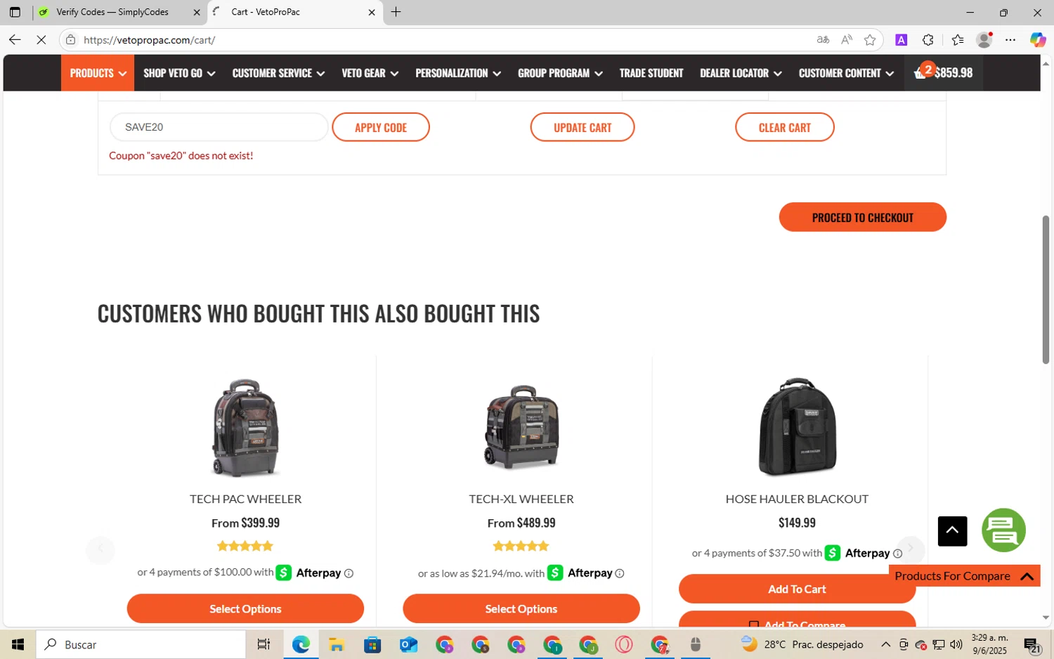 Veto Pro Pac discount code screenshot showing code SAVE20 applied at Veto Pro Pac checkout page. Uploaded by SimplyCodes community member Babayagaa on Jun 9, 2025