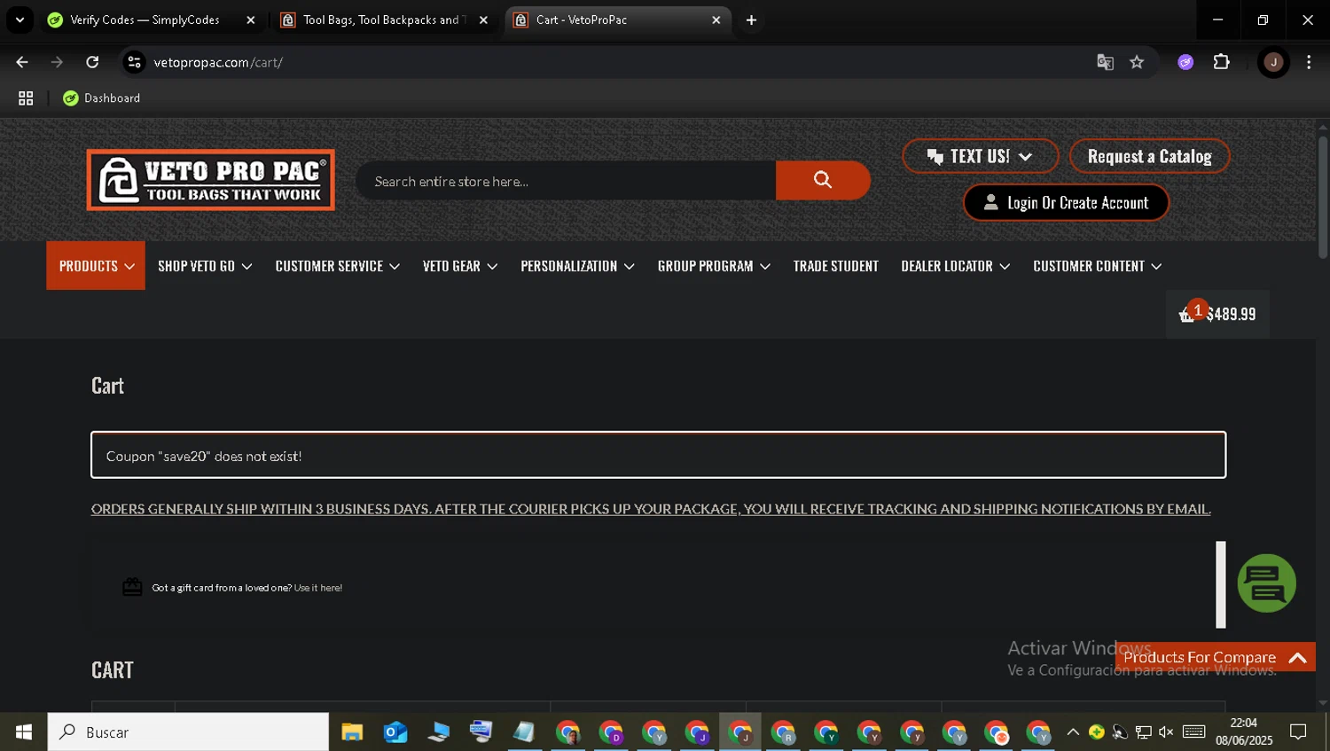 Veto Pro Pac discount code screenshot showing code SAVE20 applied at Veto Pro Pac checkout page. Uploaded by SimplyCodes community member QuestChaser7811 on Jun 9, 2025