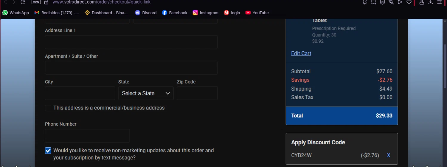 VetRxDirect coupon code screenshot showing code CYB24W applied at VetRxDirect checkout page. Uploaded by SimplyCodes community member firoas on Aug 10, 2025