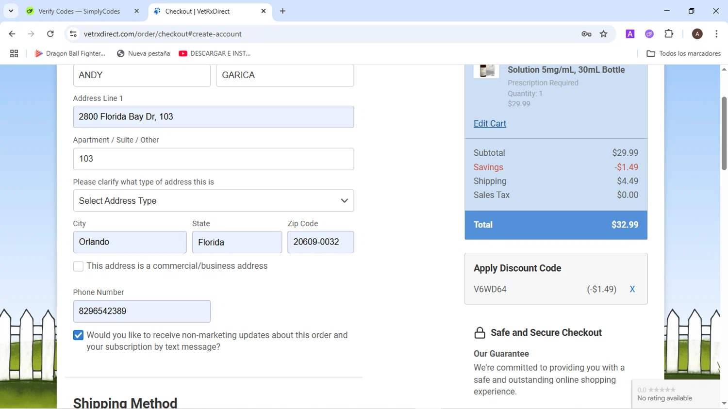 VetRxDirect coupon code screenshot showing code V6WD64 applied at VetRxDirect checkout page. Uploaded by SimplyCodes community member BudgetMaven6078 on Jun 7, 2025