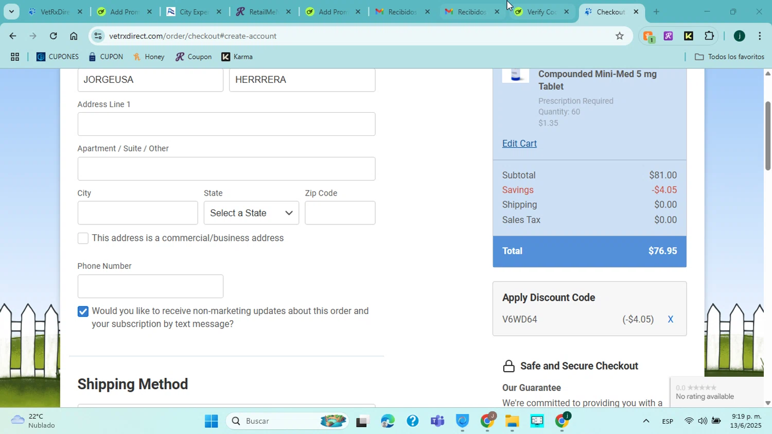 VetRxDirect coupon code screenshot showing code V6WD64 applied at VetRxDirect checkout page. Uploaded by SimplyCodes community member jorgejavierherrera on Jun 14, 2025