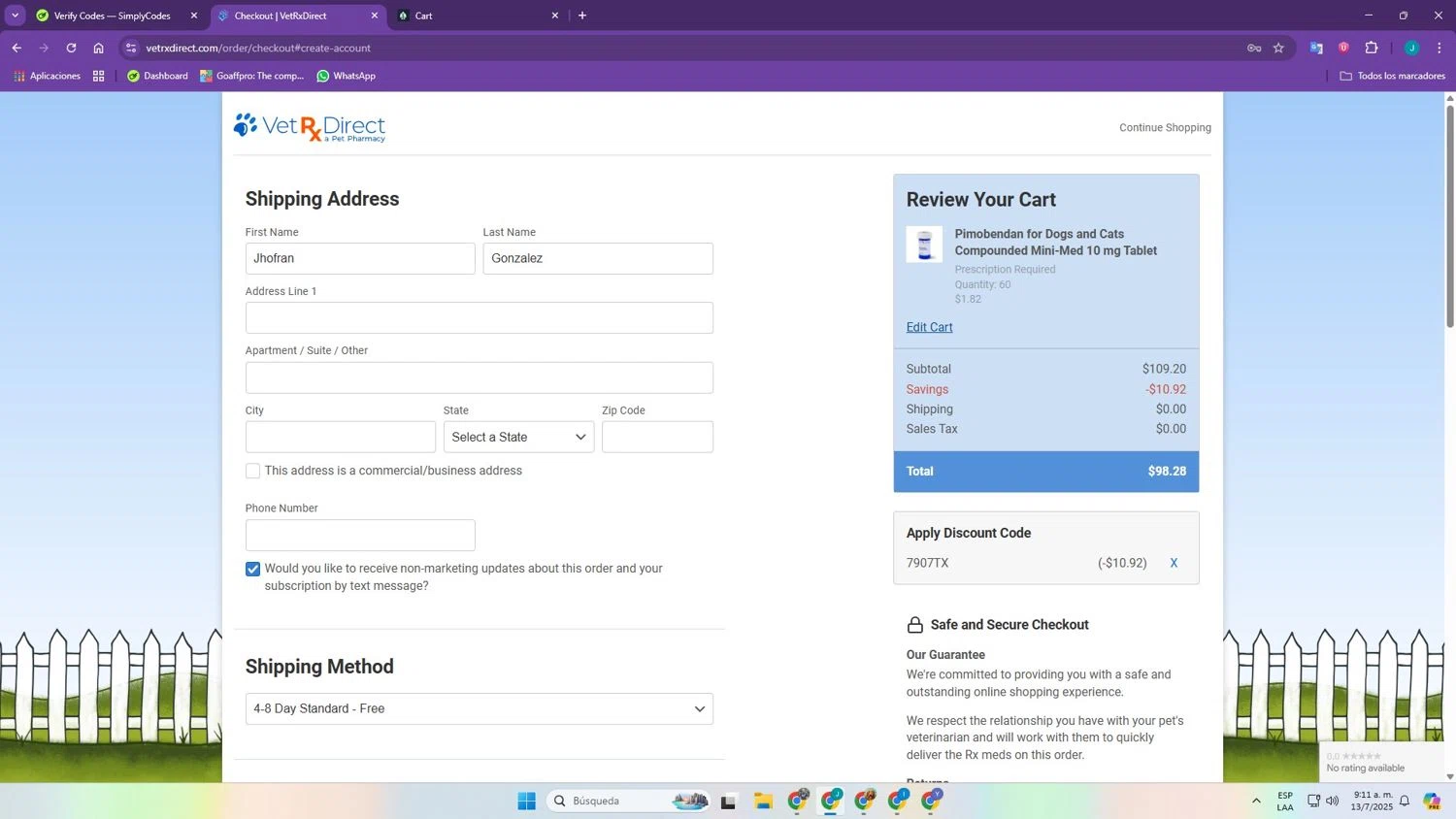 VetRxDirect coupon code screenshot showing code 7907TX applied at VetRxDirect checkout page. Uploaded by SimplyCodes community member JhofranGG on Jul 13, 2025