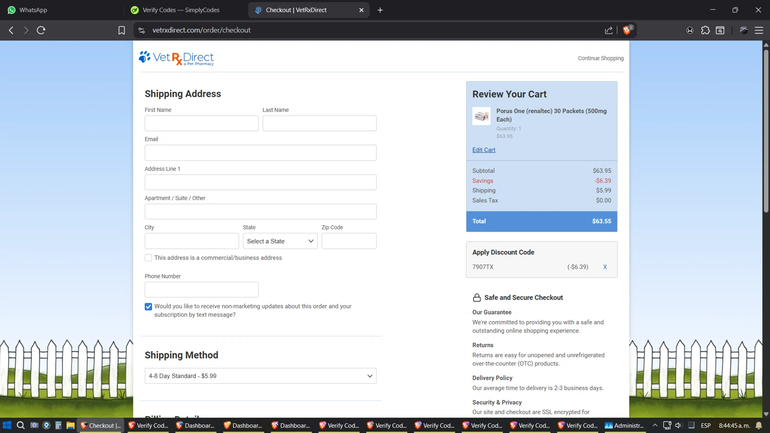 VetRxDirect coupon code screenshot showing code 7907TX applied at VetRxDirect checkout page. Uploaded by SimplyCodes community member SimplyGOAT on Sep 9, 2025