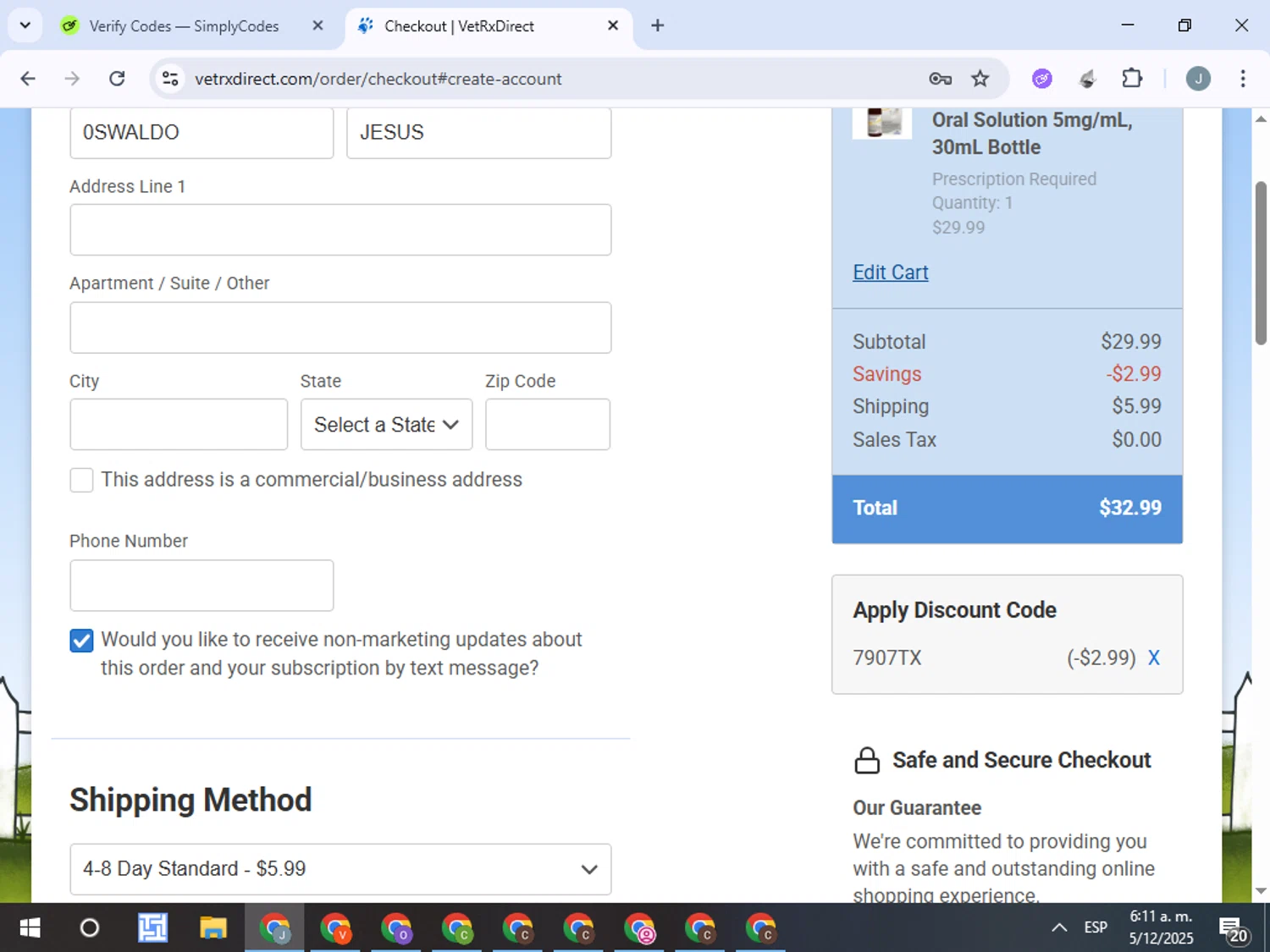 VetRxDirect coupon code screenshot showing code 7907TX applied at VetRxDirect checkout page. Uploaded by SimplyCodes community member ValueTracker8384 on Dec 5, 2025