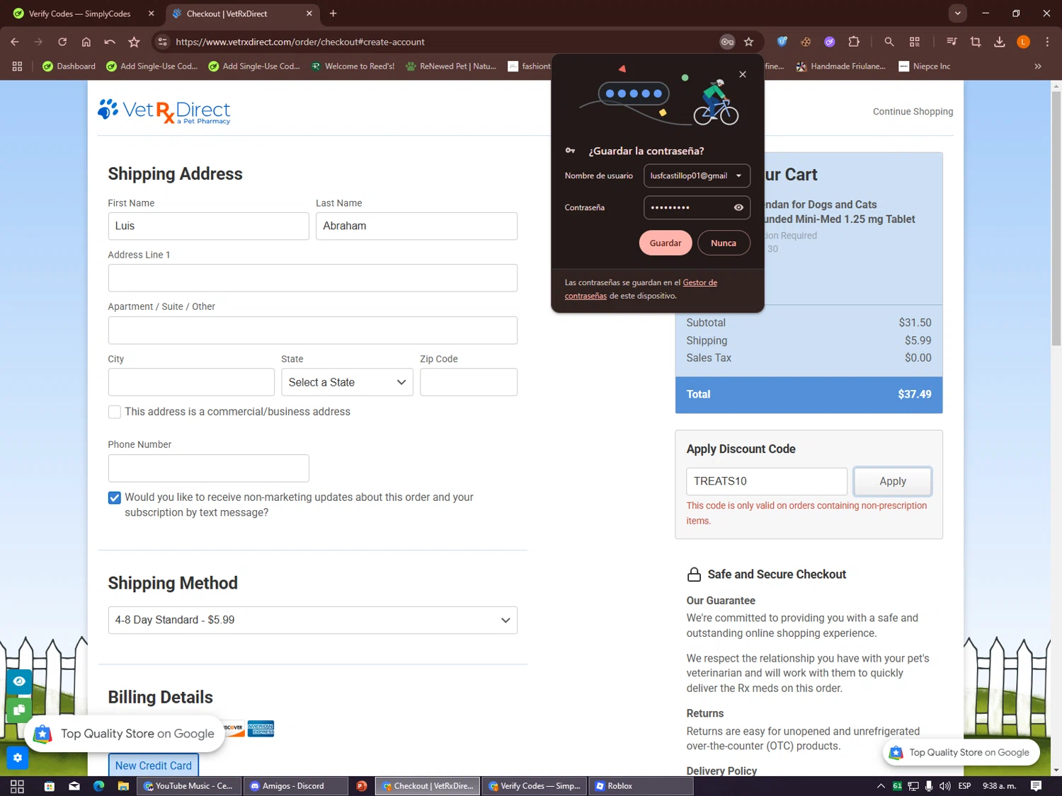 VetRxDirect coupon code screenshot showing code TREATS10 applied at VetRxDirect checkout page. Uploaded by SimplyCodes community member Alalee on Dec 14, 2025