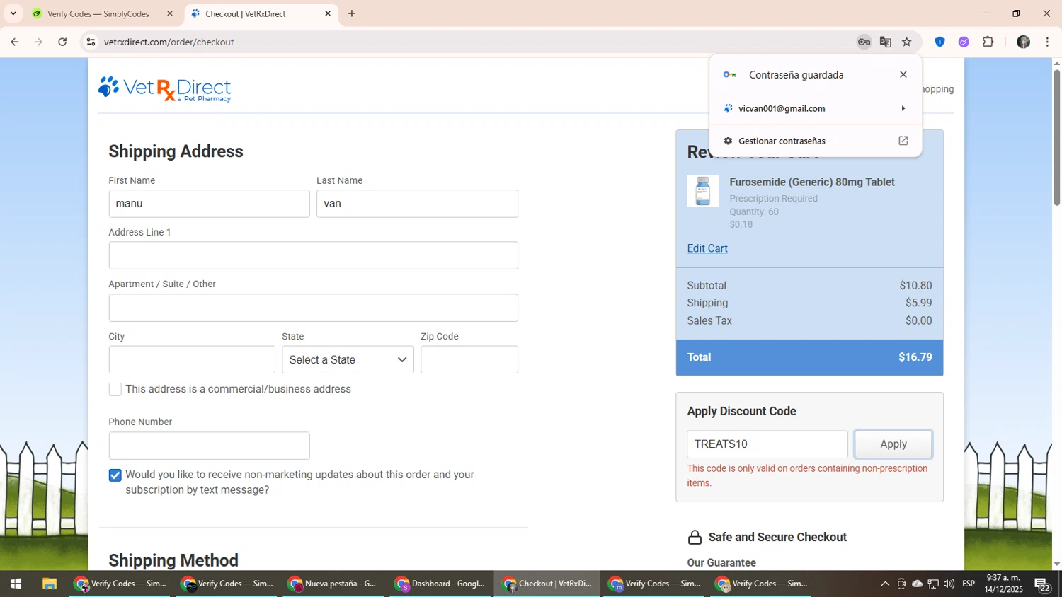 VetRxDirect coupon code screenshot showing code TREATS10 applied at VetRxDirect checkout page. Uploaded by SimplyCodes community member CleverLynx6871 on Dec 14, 2025