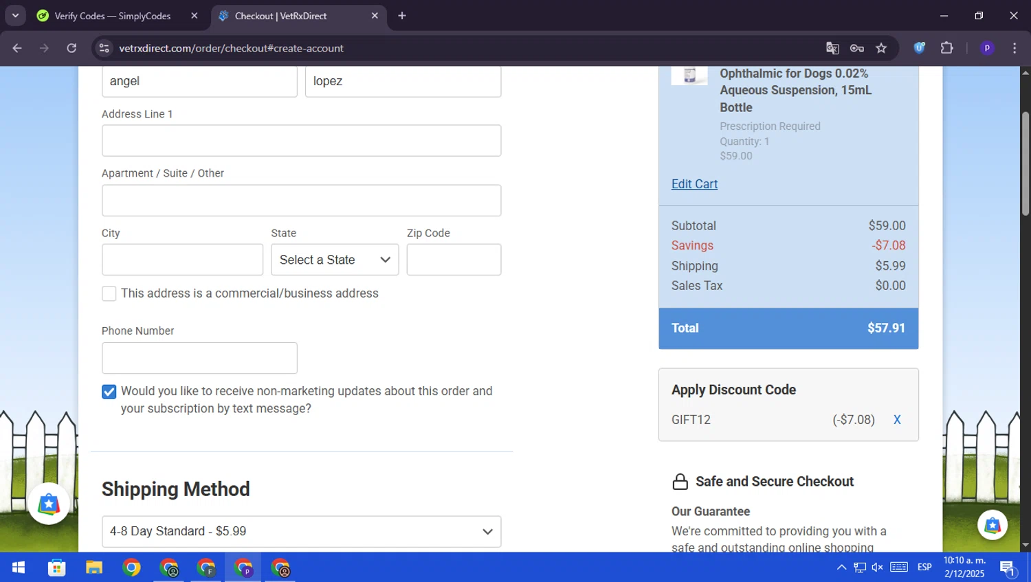 VetRxDirect checkout page showing VetRxDirect coupon code box | Screenshot taken by SimplyCodes community member on Dec 2, 2025