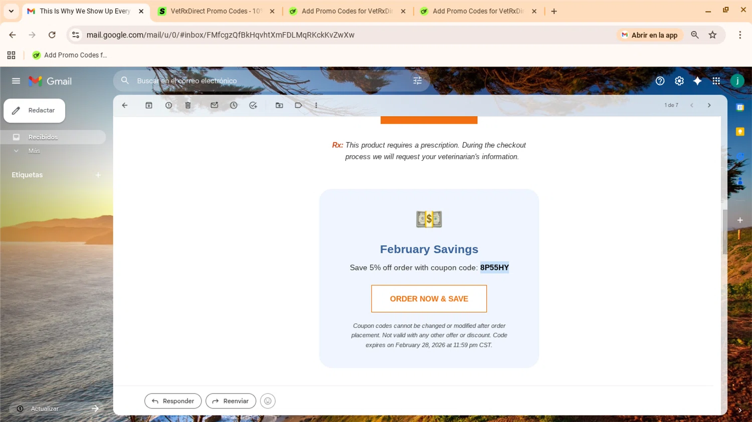 VetRxDirect coupon code screenshot showing code 8P55HY applied at VetRxDirect checkout page. Uploaded by SimplyCodes community member yennifergonzalez on Feb 4, 2026