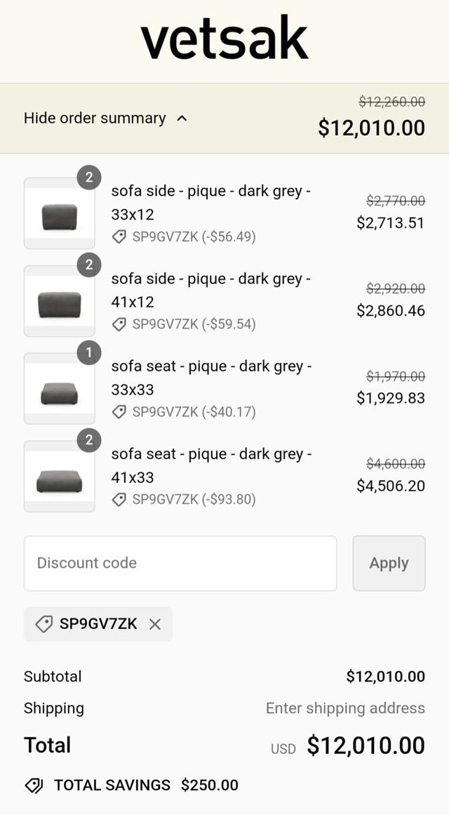 vetsak checkout page showing vetsak discount code box | Screenshot taken by SimplyCodes community member on May 6, 2024