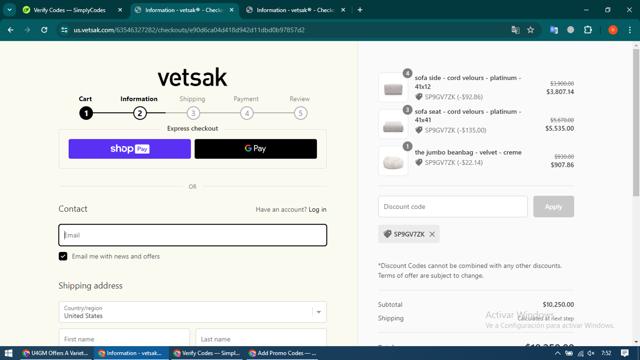 vetsak checkout page showing vetsak discount code box | Screenshot taken by SimplyCodes community member on May 6, 2024