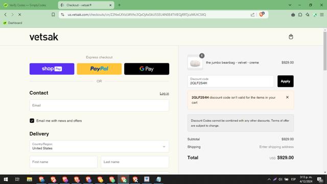 vetsak checkout page showing vetsak discount code box | Screenshot taken by SimplyCodes community member on Dec 4, 2024
