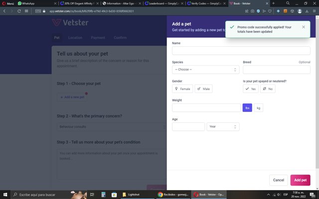 Vetster checkout page showing Vetster coupon code box | Screenshot taken by SimplyCodes community member on Nov 20, 2022