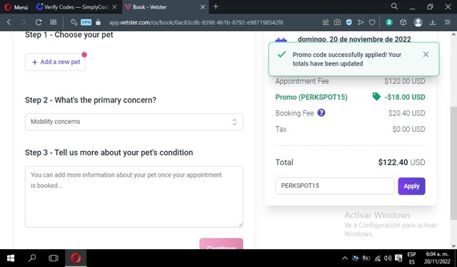 Vetster checkout page showing Vetster coupon code box | Screenshot taken by SimplyCodes community member on Nov 20, 2022