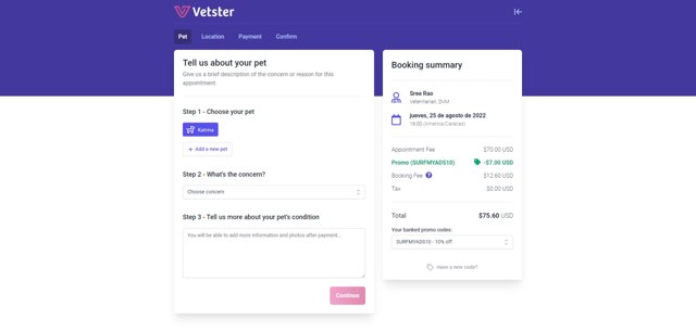 Vetster checkout page showing Vetster coupon code box | Screenshot taken by SimplyCodes community member on Aug 25, 2022