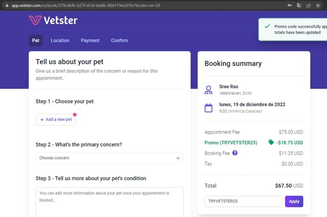 Vetster checkout page showing Vetster coupon code box | Screenshot taken by SimplyCodes community member on Dec 19, 2022