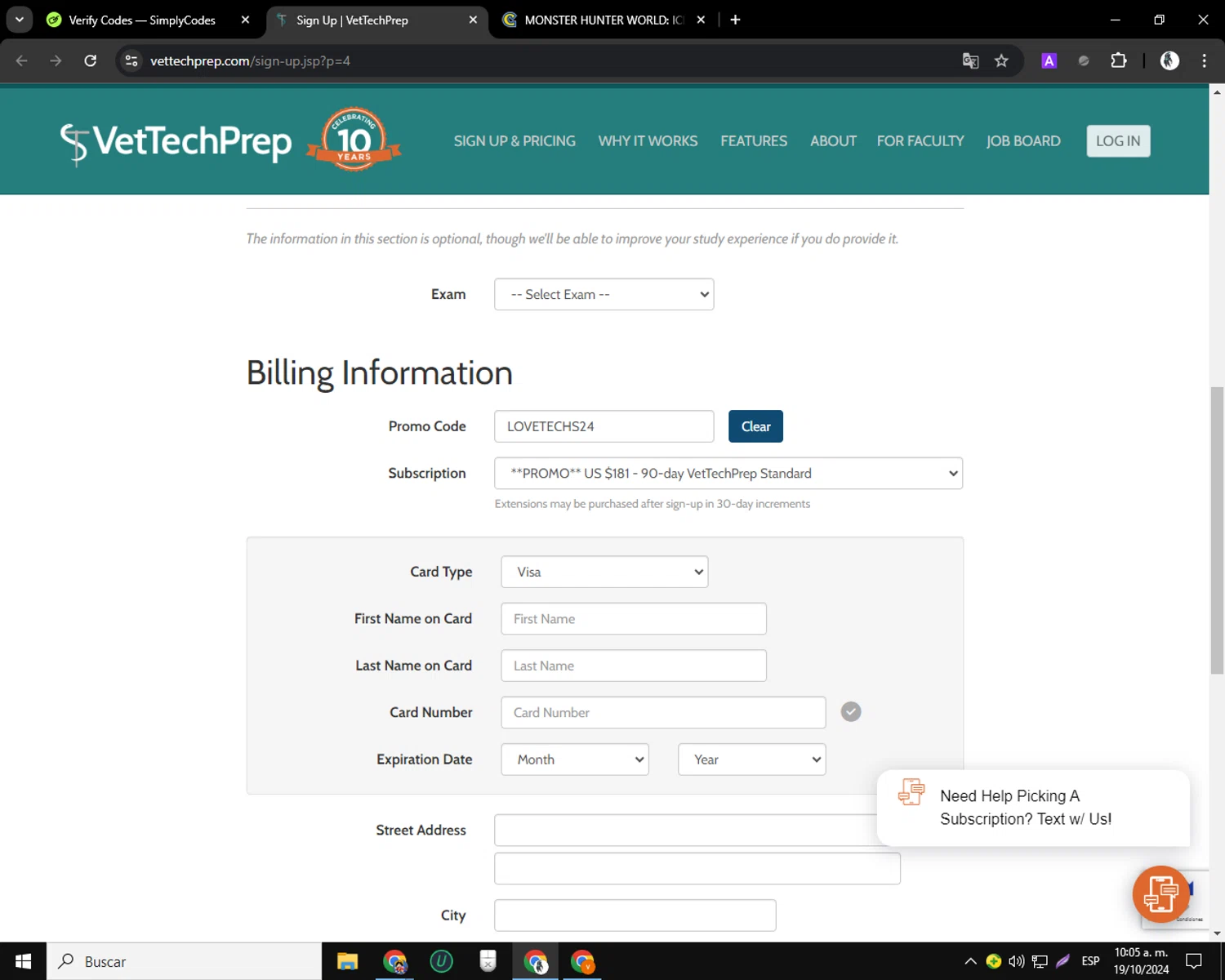 VetTechPrep checkout page showing VetTechPrep promo code box | Screenshot taken by SimplyCodes community member on Oct 19, 2024