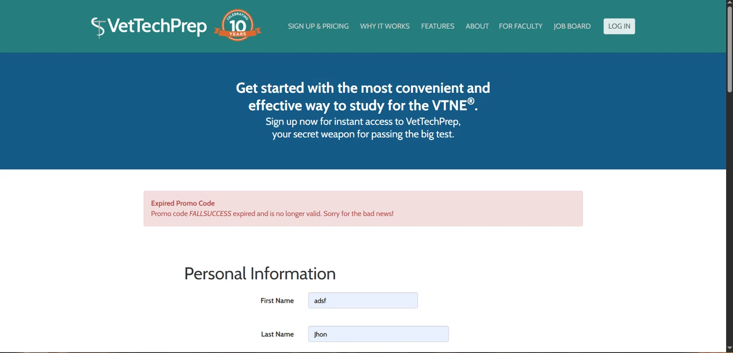 VetTechPrep promo code screenshot showing code FALLSUCCESS applied at VetTechPrep checkout page. Uploaded by SimplyCodes community member juanvargas1 on Oct 26, 2025