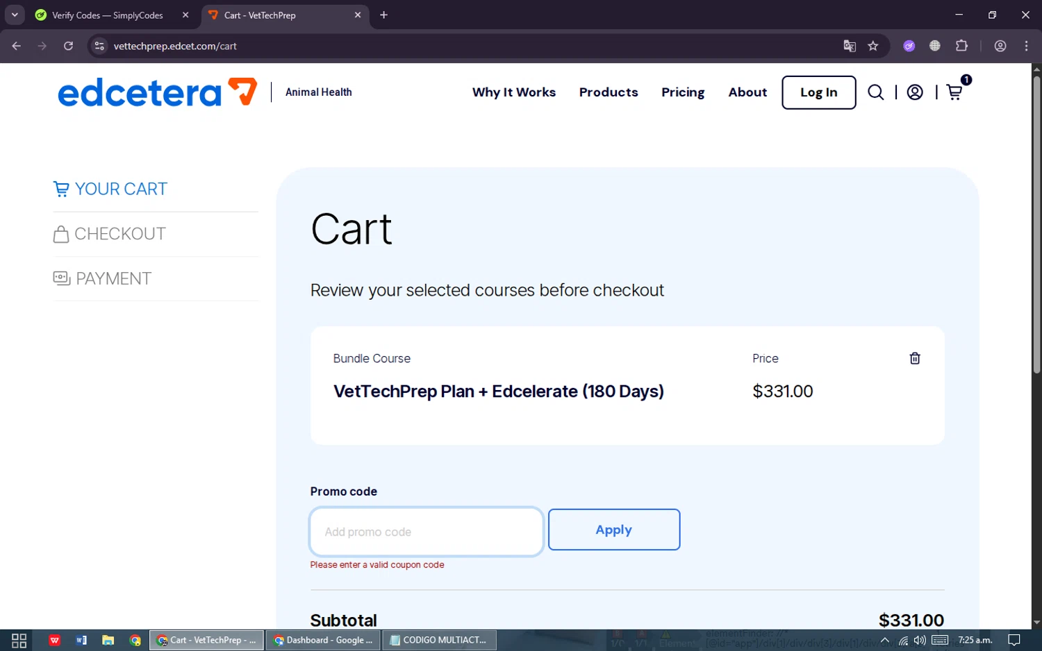 VetTechPrep promo code screenshot showing code BLKFRIYAY2025 applied at VetTechPrep checkout page. Uploaded by SimplyCodes community member Dennyguillermo on Dec 29, 2025