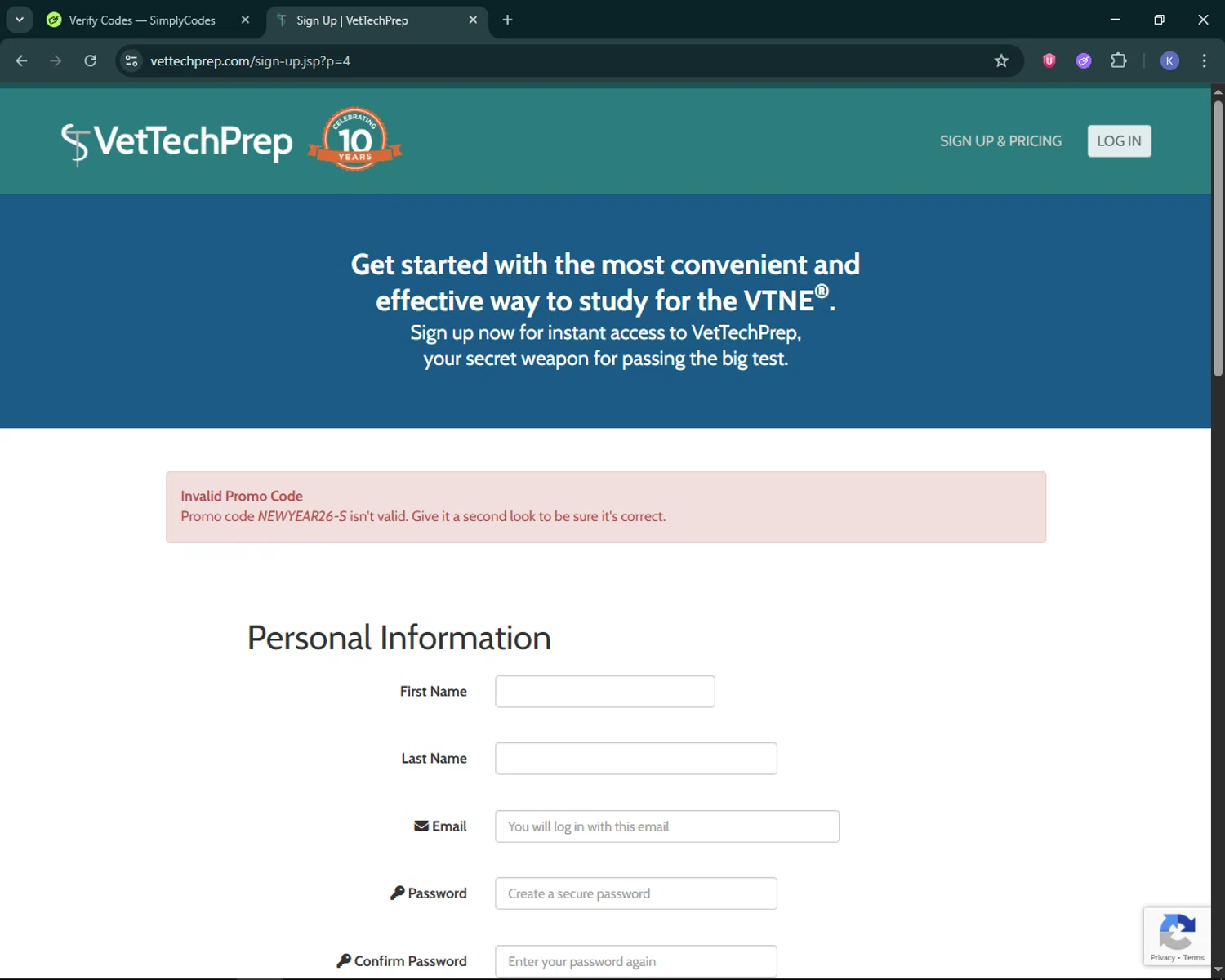 VetTechPrep promo code screenshot showing code NEWYEAR26-S applied at VetTechPrep checkout page. Uploaded by SimplyCodes community member KevLapage on Feb 10, 2026