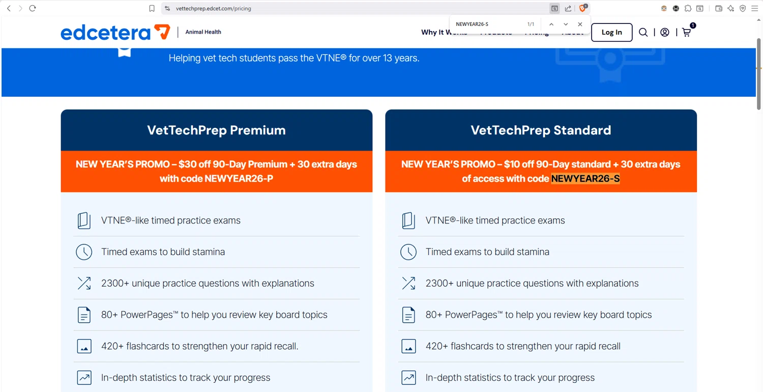 VetTechPrep checkout page showing VetTechPrep promo code box | Screenshot taken by SimplyCodes community member on Jan 12, 2026
