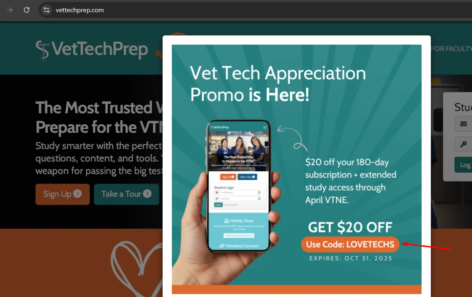 VetTechPrep promo code screenshot showing code LOVETECHS applied at VetTechPrep checkout page. Uploaded by SimplyCodes community member argenygalvez on Oct 17, 2025