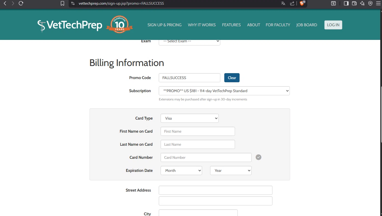 VetTechPrep promo code screenshot showing code FALLSUCCESS applied at VetTechPrep checkout page. Uploaded by SimplyCodes community member crischidy25 on Sep 25, 2025