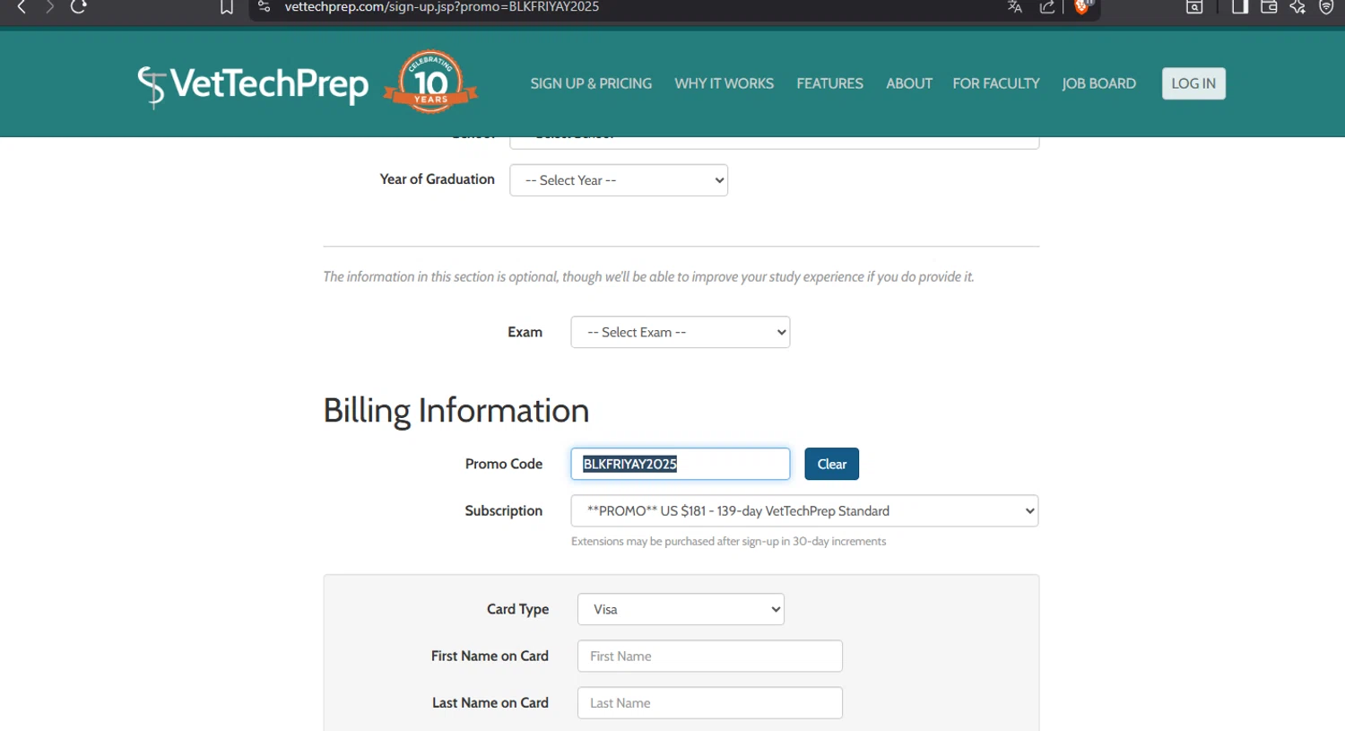 VetTechPrep promo code screenshot showing code BLKFRIYAY2025 applied at VetTechPrep checkout page. Uploaded by SimplyCodes community member crischidy25 on Nov 28, 2025
