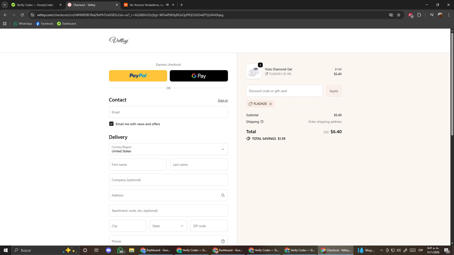 Vettsy promo code screenshot showing code FLASH20 applied at Vettsy checkout page. Uploaded by SimplyCodes community member ScanShopper554 on Jan 31, 2026