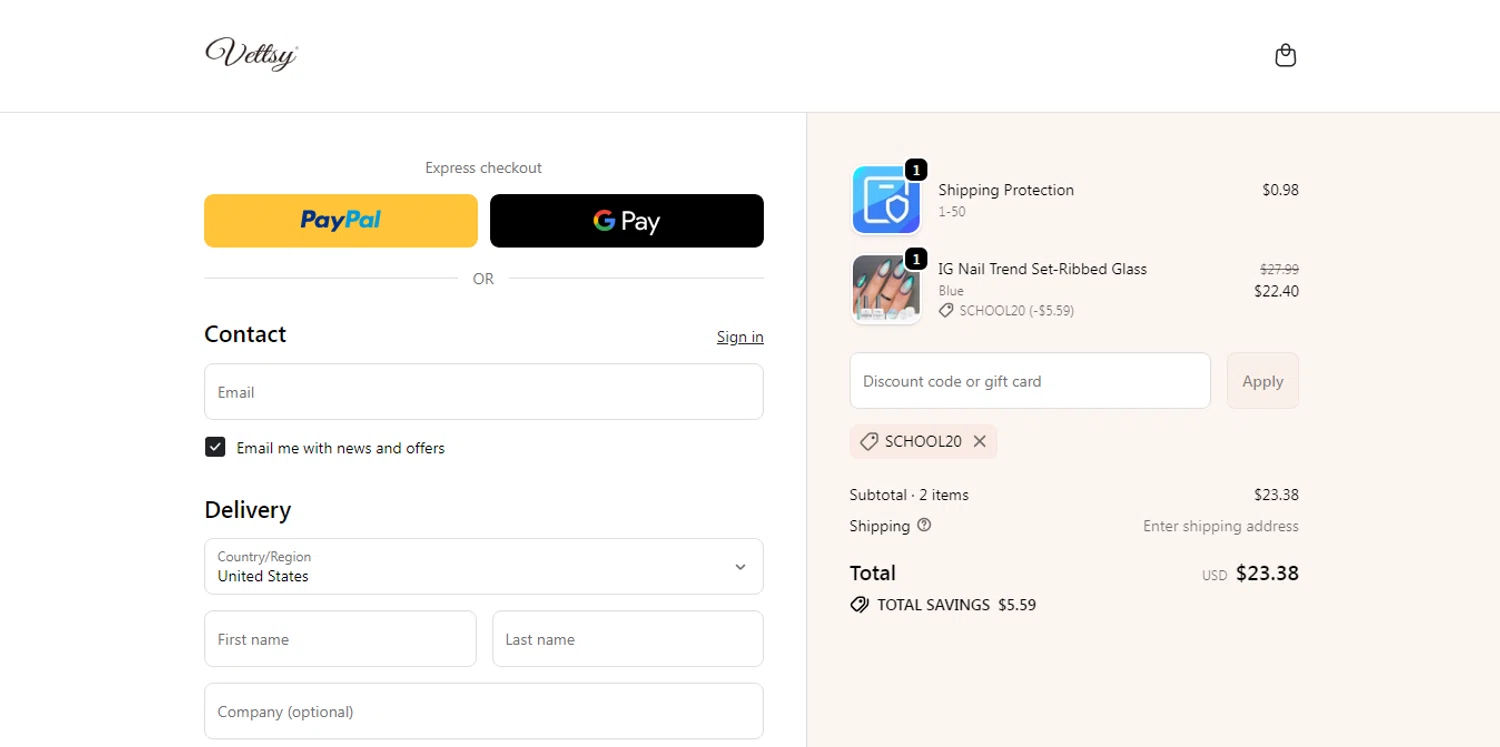 Vettsy promo code screenshot showing code school20 applied at Vettsy checkout page. Uploaded by SimplyCodes community member HUNTER1406 on Jan 31, 2026