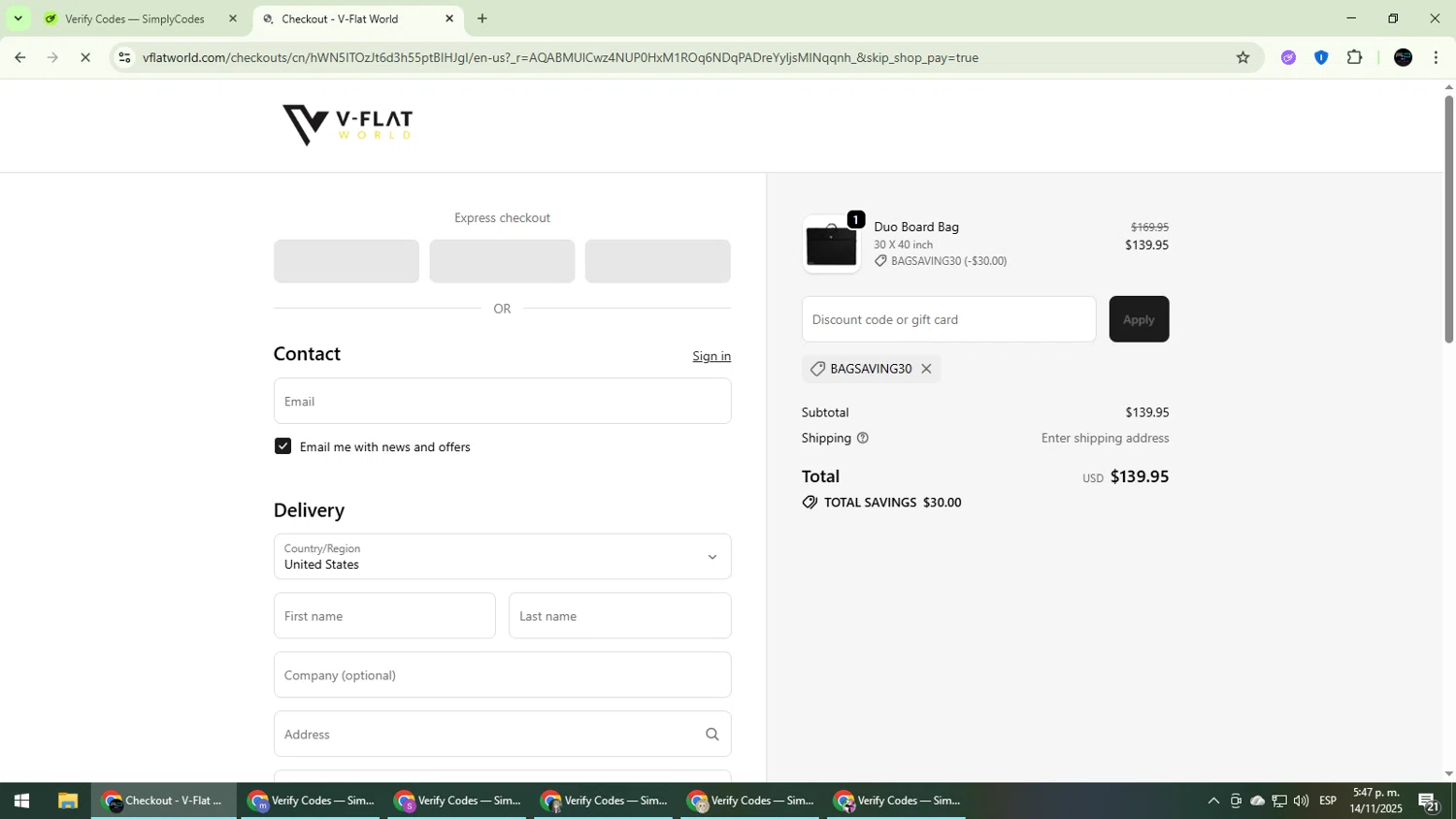 V-Flat World promo code screenshot showing code BAGSAVING30 applied at V-Flat World checkout page. Uploaded by SimplyCodes community member CarmenVGR on Nov 14, 2025