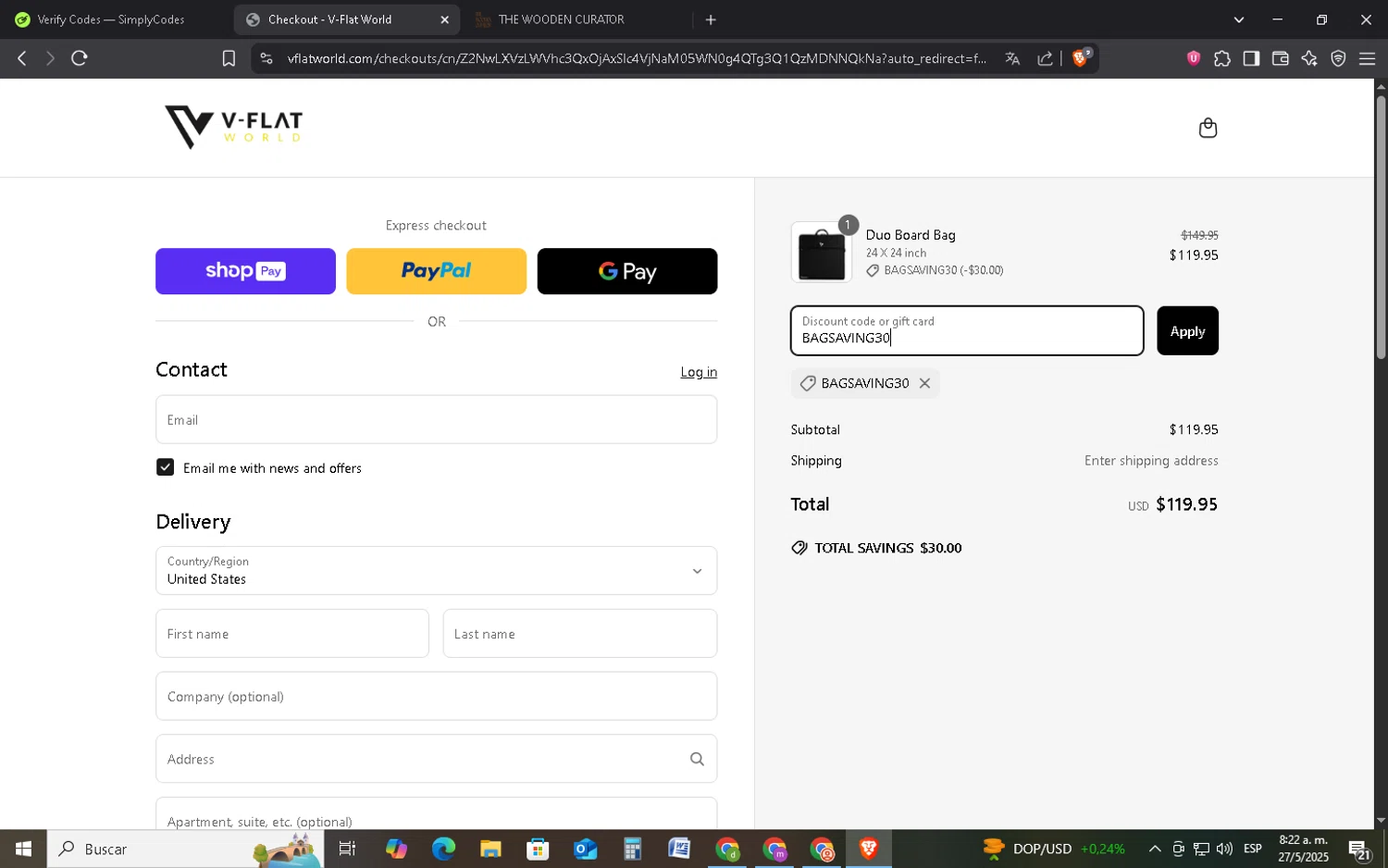 V-Flat World promo code screenshot showing code BAGSAVING30 applied at V-Flat World checkout page. Uploaded by SimplyCodes community member FrugalMonarch7277 on May 27, 2025