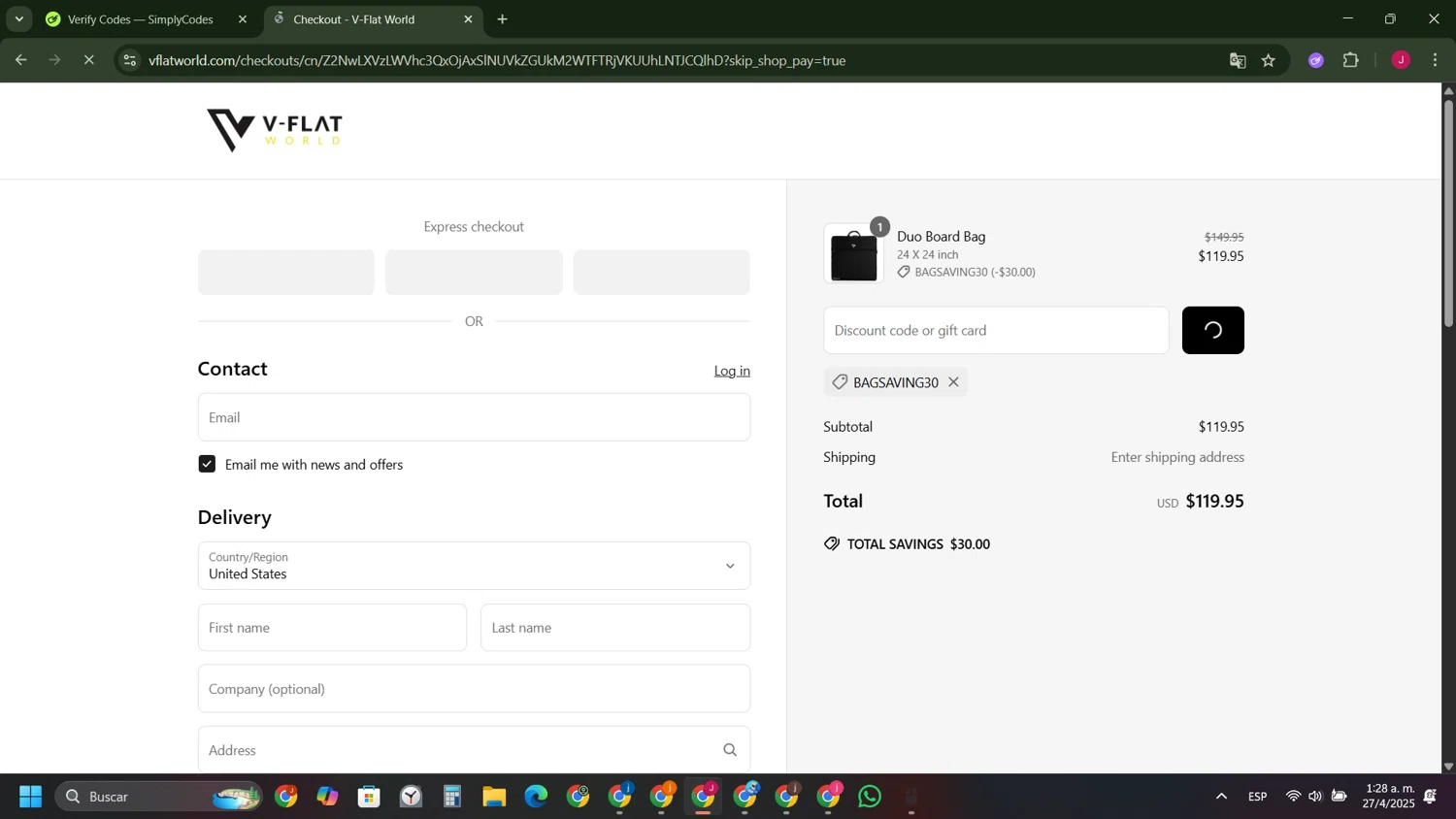 V-Flat World promo code screenshot showing code BAGSAVING30 applied at V-Flat World checkout page. Uploaded by SimplyCodes community member FrugalFinder745 on Apr 27, 2025