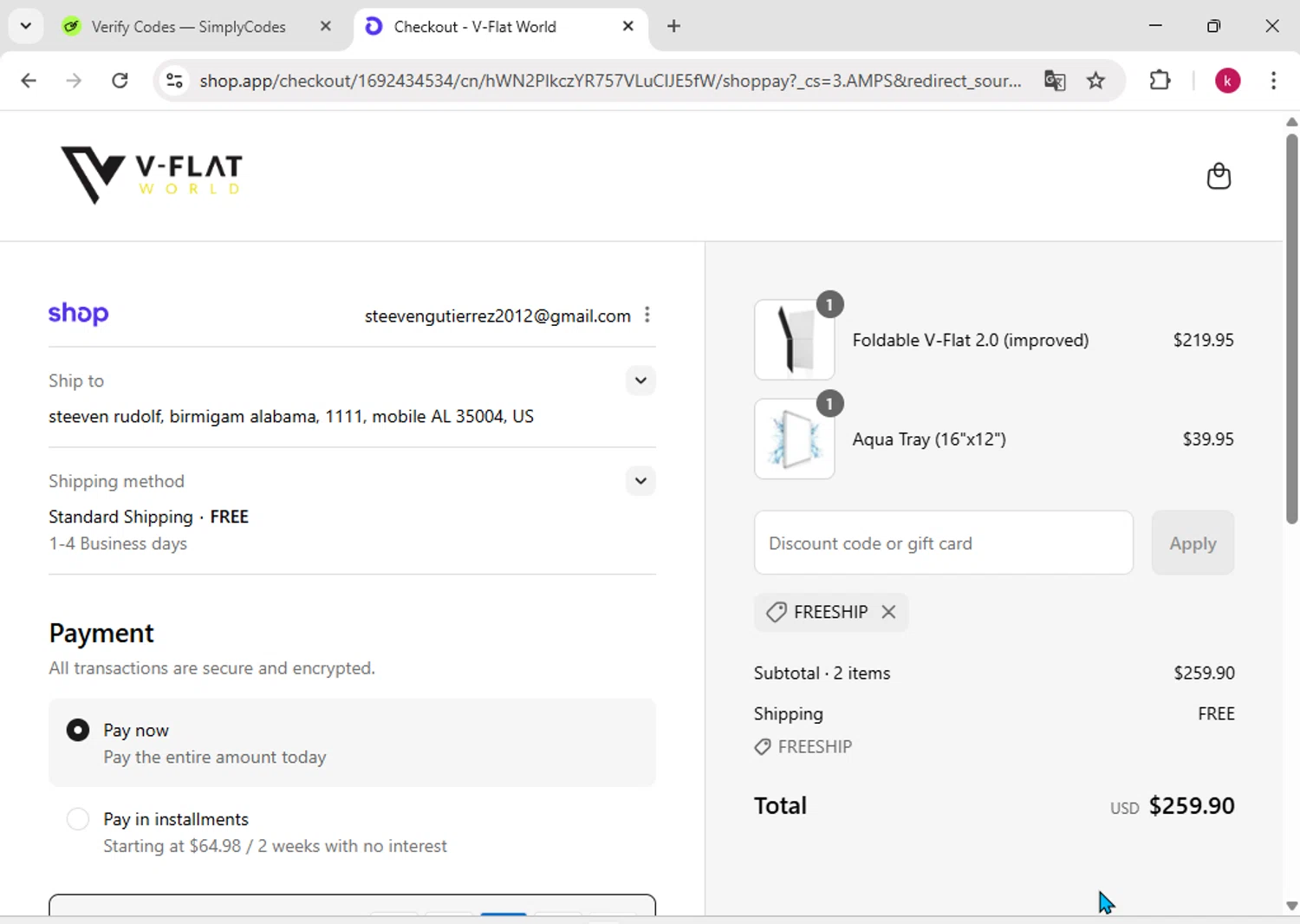 V-Flat World promo code screenshot showing code FREESHIP applied at V-Flat World checkout page. Uploaded by SimplyCodes community member karoline on Aug 30, 2025