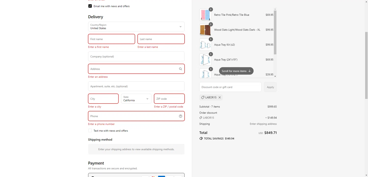V-Flat World promo code screenshot showing code Labor15 applied at V-Flat World checkout page. Uploaded by SimplyCodes community member CashSentinel5495 on Sep 1, 2025