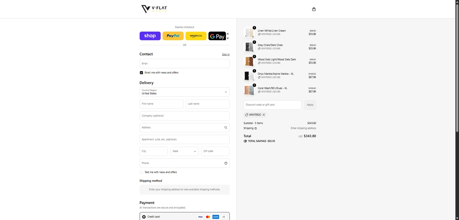 V-Flat World checkout page showing V-Flat World promo code box | Screenshot taken by SimplyCodes community member on Feb 4, 2026