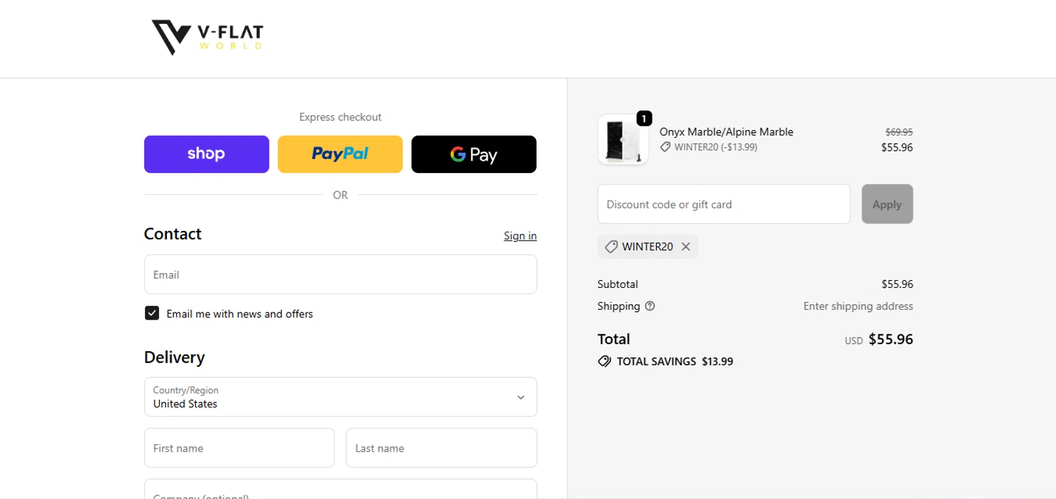 V-Flat World promo code screenshot showing code WINTER20 applied at V-Flat World checkout page. Uploaded by SimplyCodes community member juanisaac on Feb 4, 2026