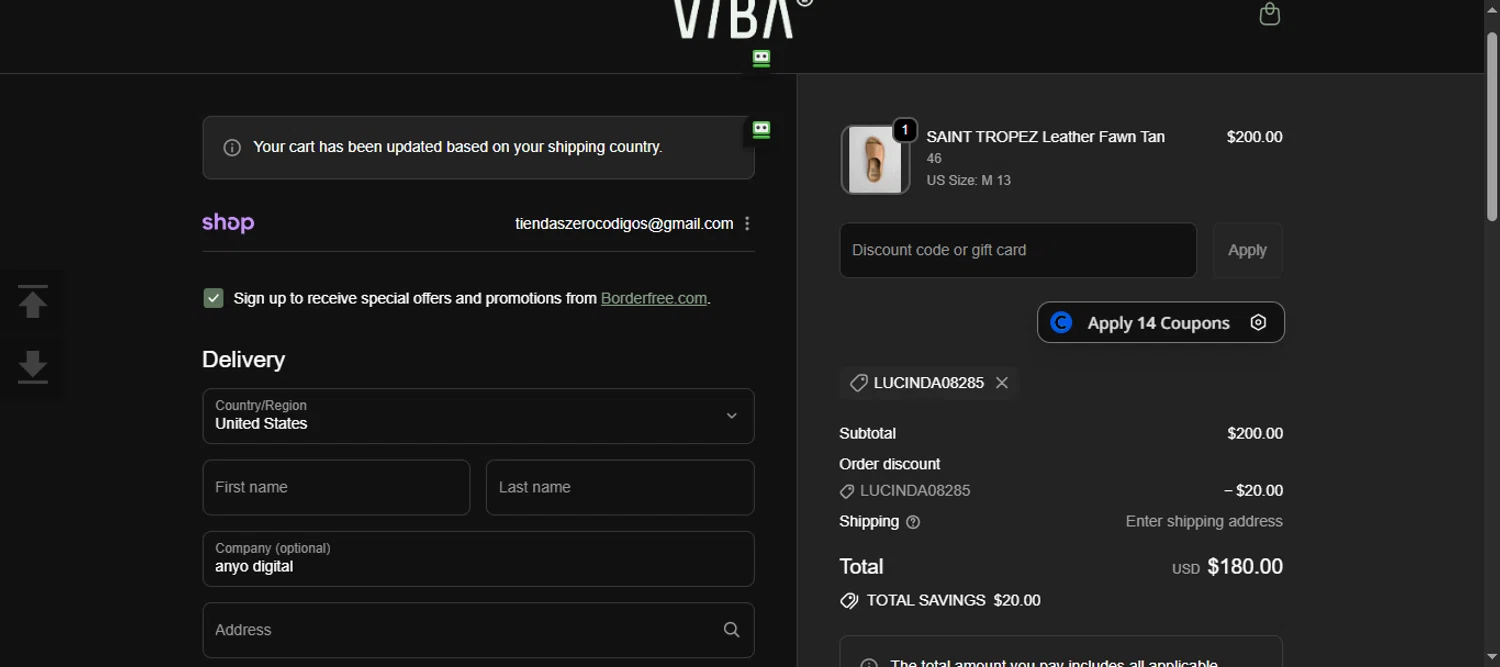 VIBAe discount code screenshot showing code LUCINDA08285 applied at VIBAe checkout page. Uploaded by SimplyCodes community member 111111 on Oct 13, 2025