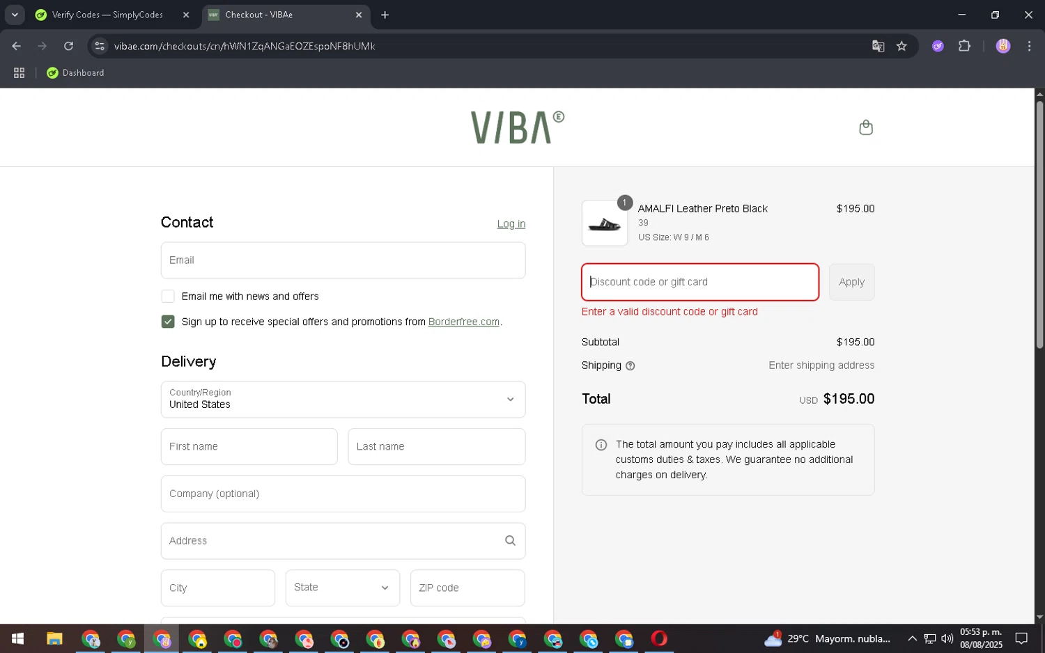VIBAe discount code screenshot showing code CART10 applied at VIBAe checkout page. Uploaded by SimplyCodes community member ExtraordinaryExpert2592 on Aug 8, 2025
