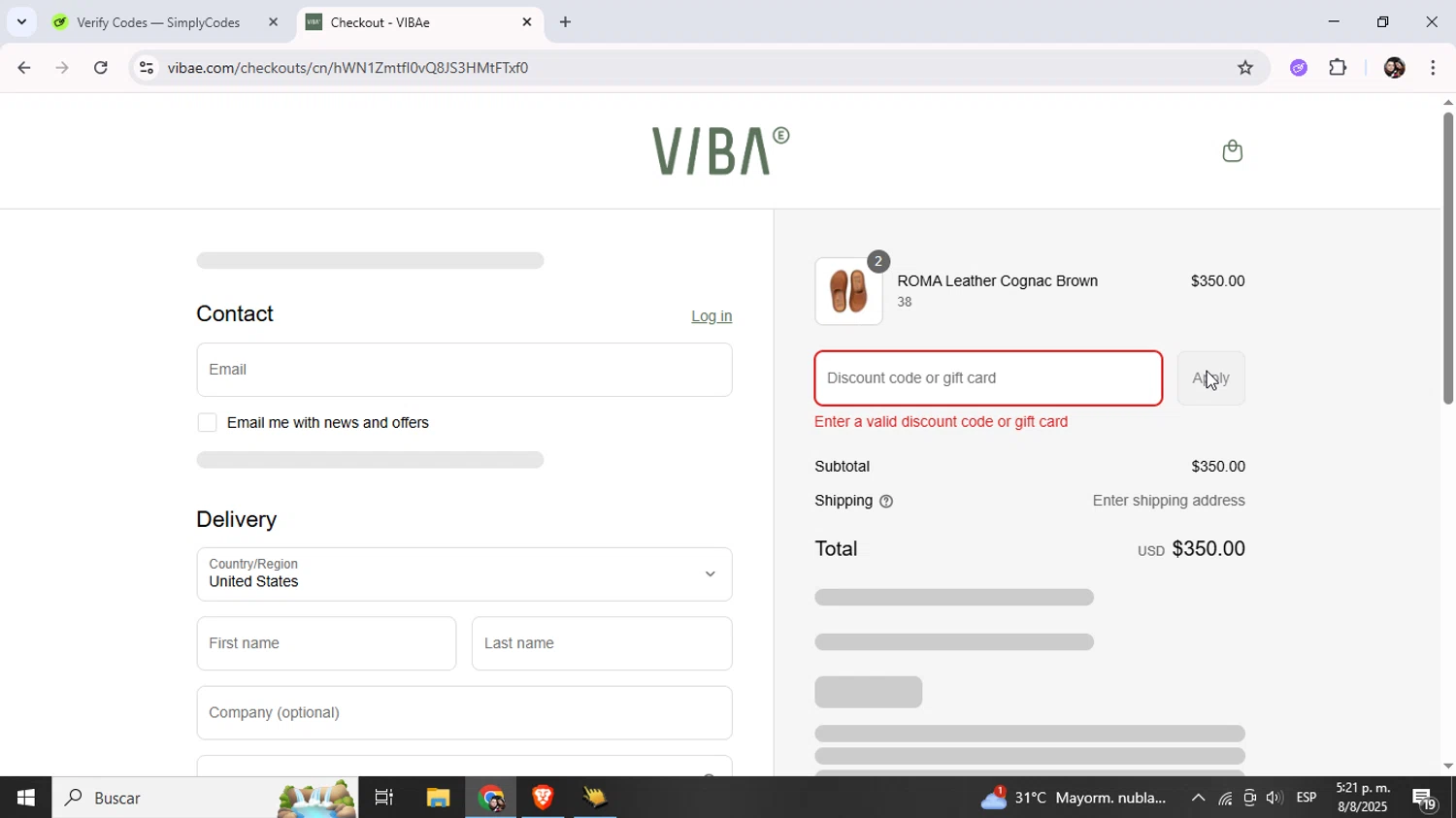 VIBAe discount code screenshot showing code CART10 applied at VIBAe checkout page. Uploaded by SimplyCodes community member Junniorduno on Aug 8, 2025