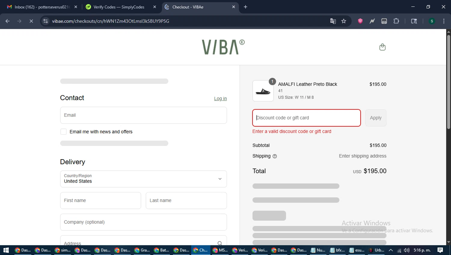 VIBAe discount code screenshot showing code CART10 applied at VIBAe checkout page. Uploaded by SimplyCodes community member ShrewdAce7935 on Aug 8, 2025