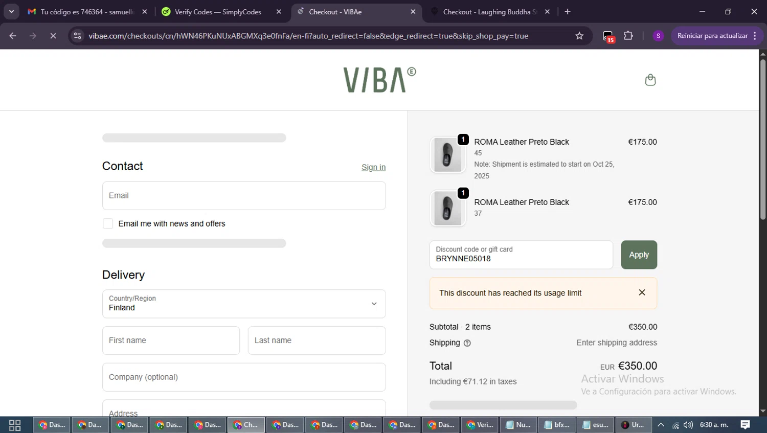 VIBAe discount code screenshot showing code BRYNNE05018 applied at VIBAe checkout page. Uploaded by SimplyCodes community member ShieldWarden7838 on Oct 14, 2025