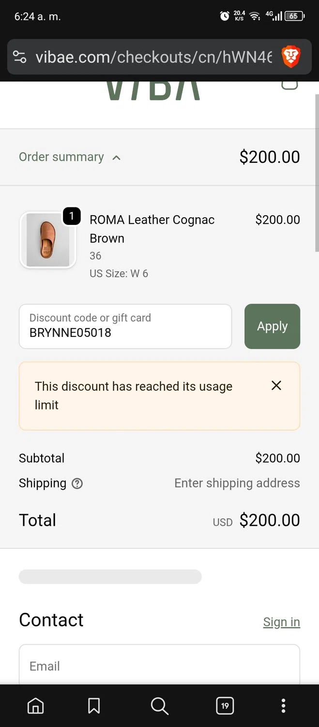 VIBAe discount code screenshot showing code BRYNNE05018 applied at VIBAe checkout page. Uploaded by SimplyCodes community member usermariee on Oct 14, 2025