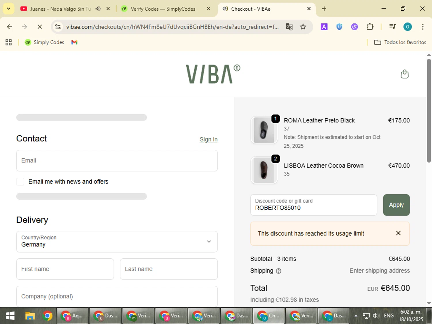 VIBAe discount code screenshot showing code ROBERTO85010 applied at VIBAe checkout page. Uploaded by SimplyCodes community member BudgetSeeker9524 on Oct 18, 2025