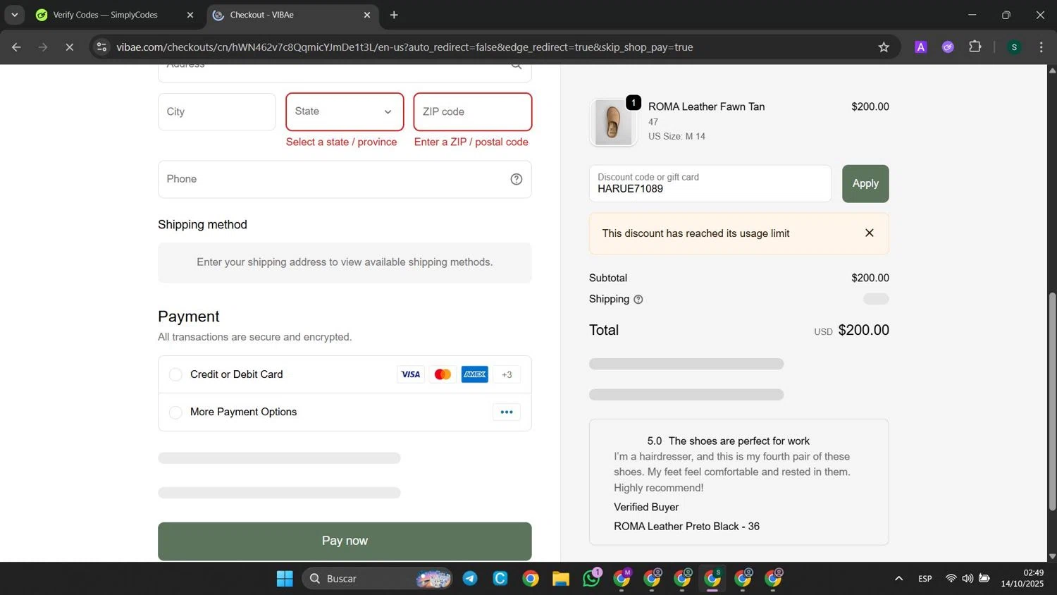 VIBAe discount code screenshot showing code HARUE71089 applied at VIBAe checkout page. Uploaded by SimplyCodes community member SaleHunter9008 on Oct 14, 2025