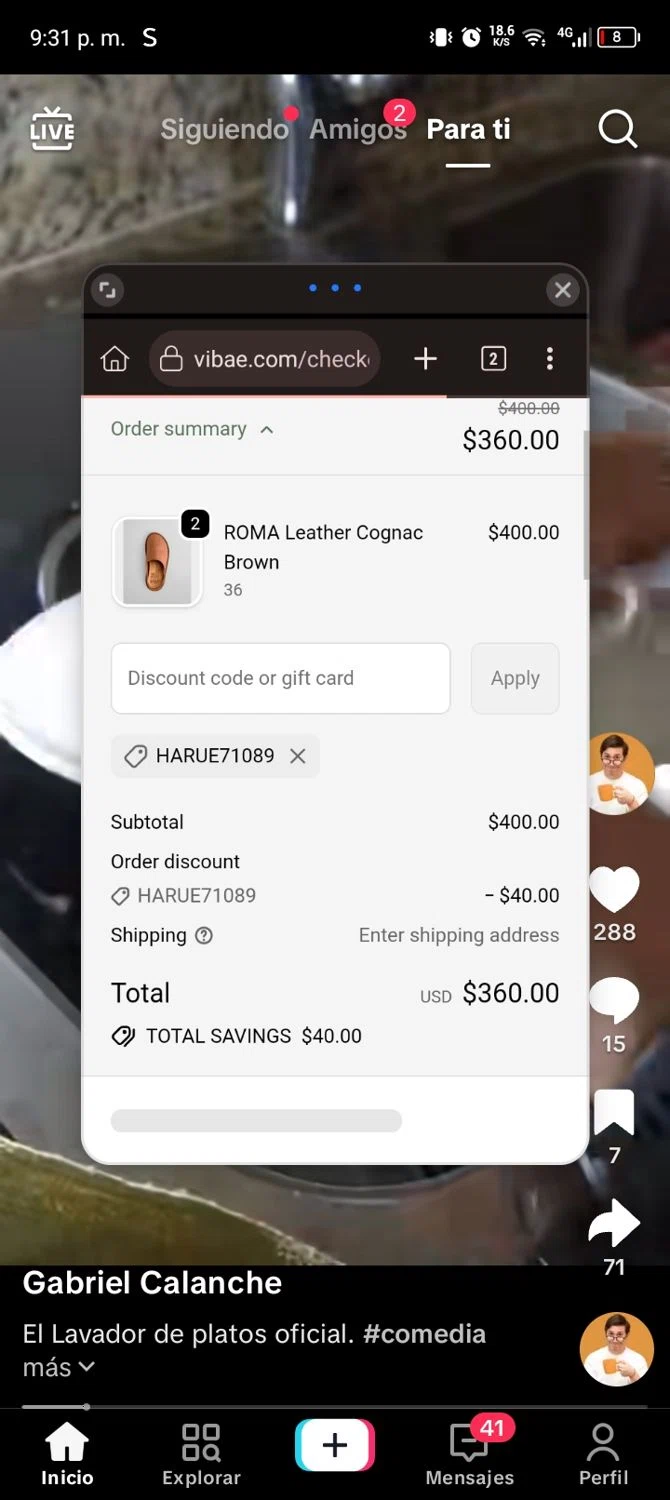 VIBAe checkout page showing VIBAe discount code box | Screenshot taken by SimplyCodes community member on Oct 13, 2025