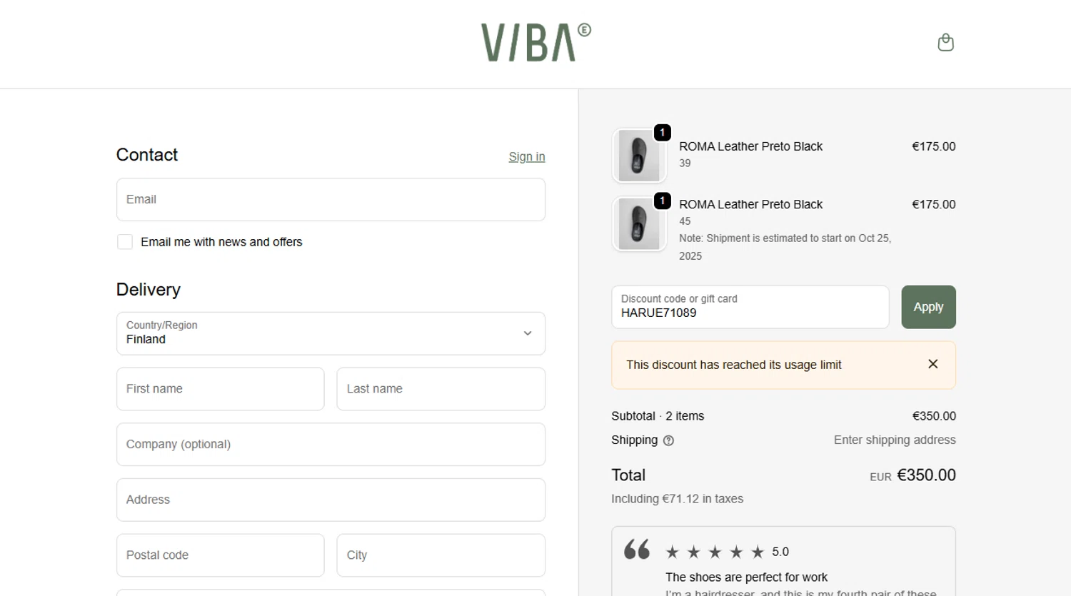 VIBAe discount code screenshot showing code HARUE71089 applied at VIBAe checkout page. Uploaded by SimplyCodes community member alexbrown on Oct 14, 2025
