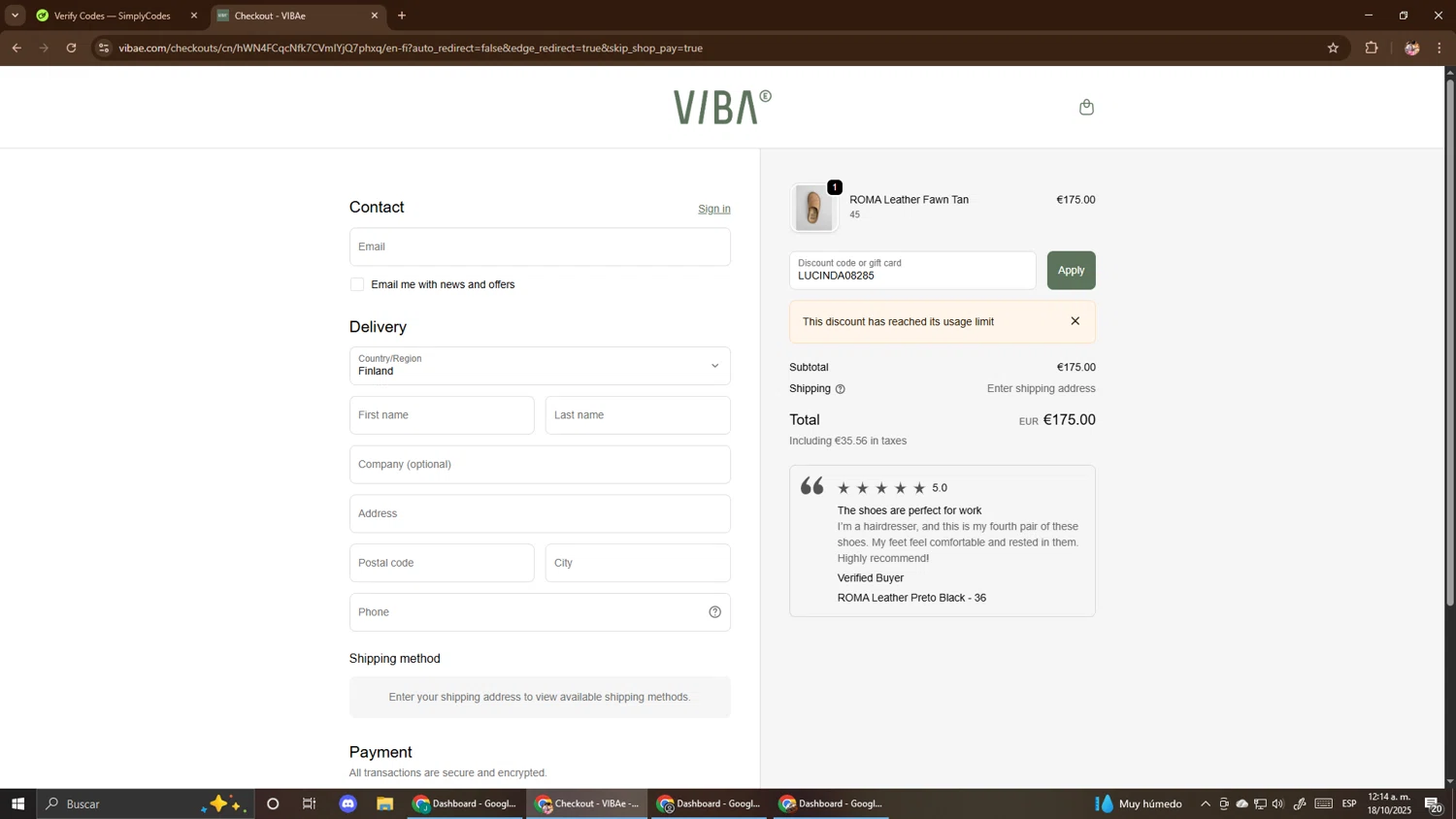 VIBAe discount code screenshot showing code LUCINDA08285 applied at VIBAe checkout page. Uploaded by SimplyCodes community member El_mynor on Oct 18, 2025
